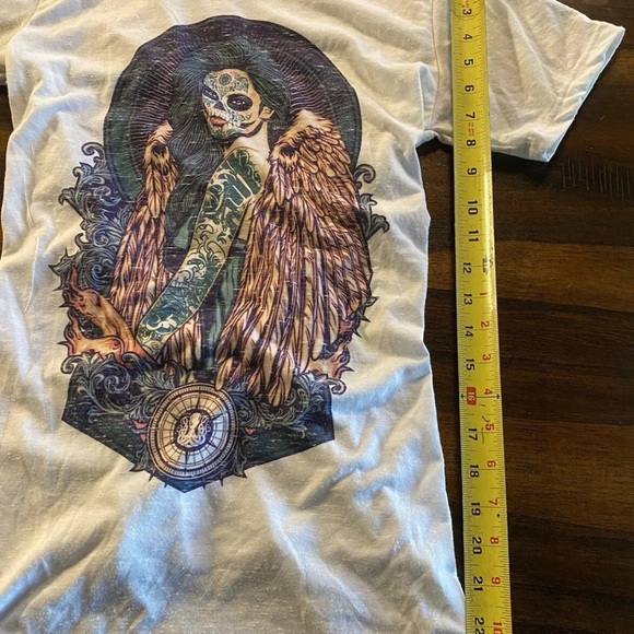 SOLD SECRET ARTIST by Affliction Women's T-Shirt SUGAR ANGEL White Biker - Picture 3 of 7